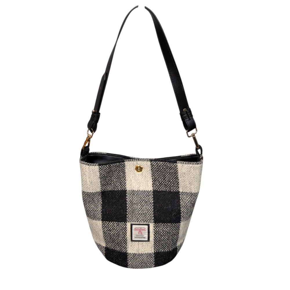 Harris Tweed Wool Bucket Bag Black White Buffalo Plaid Shoulder Bag Handwoven